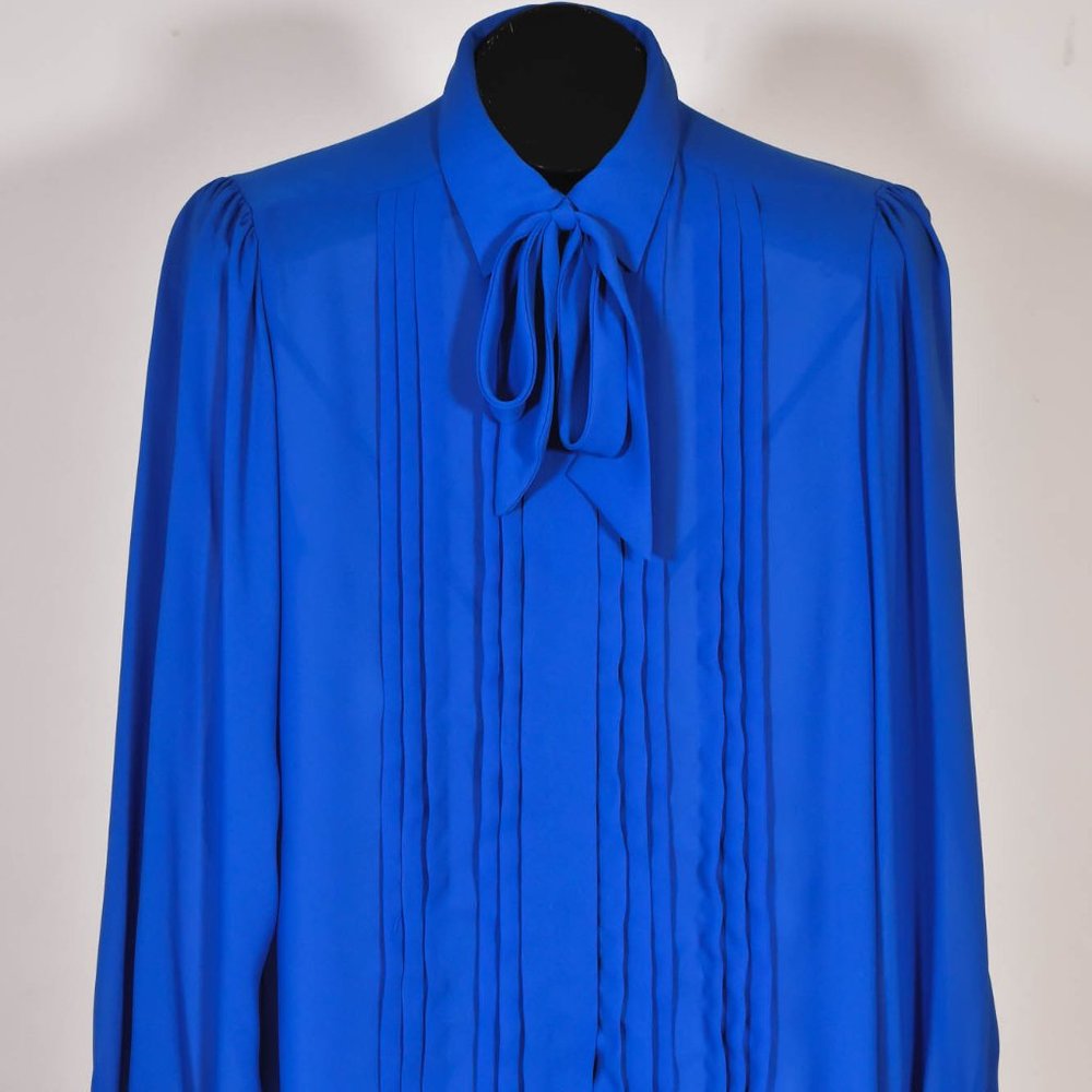 Vintage 80s Royal Blue Blouse with Bow Size 12
